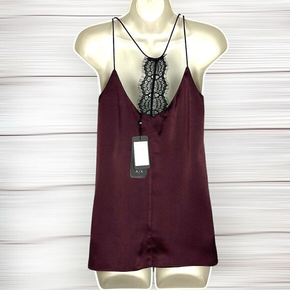 NWT NEW Armani Exchange Burgundy Silk Black Lace Cami Spaghetti Straps Top S - Picture 3 of 16